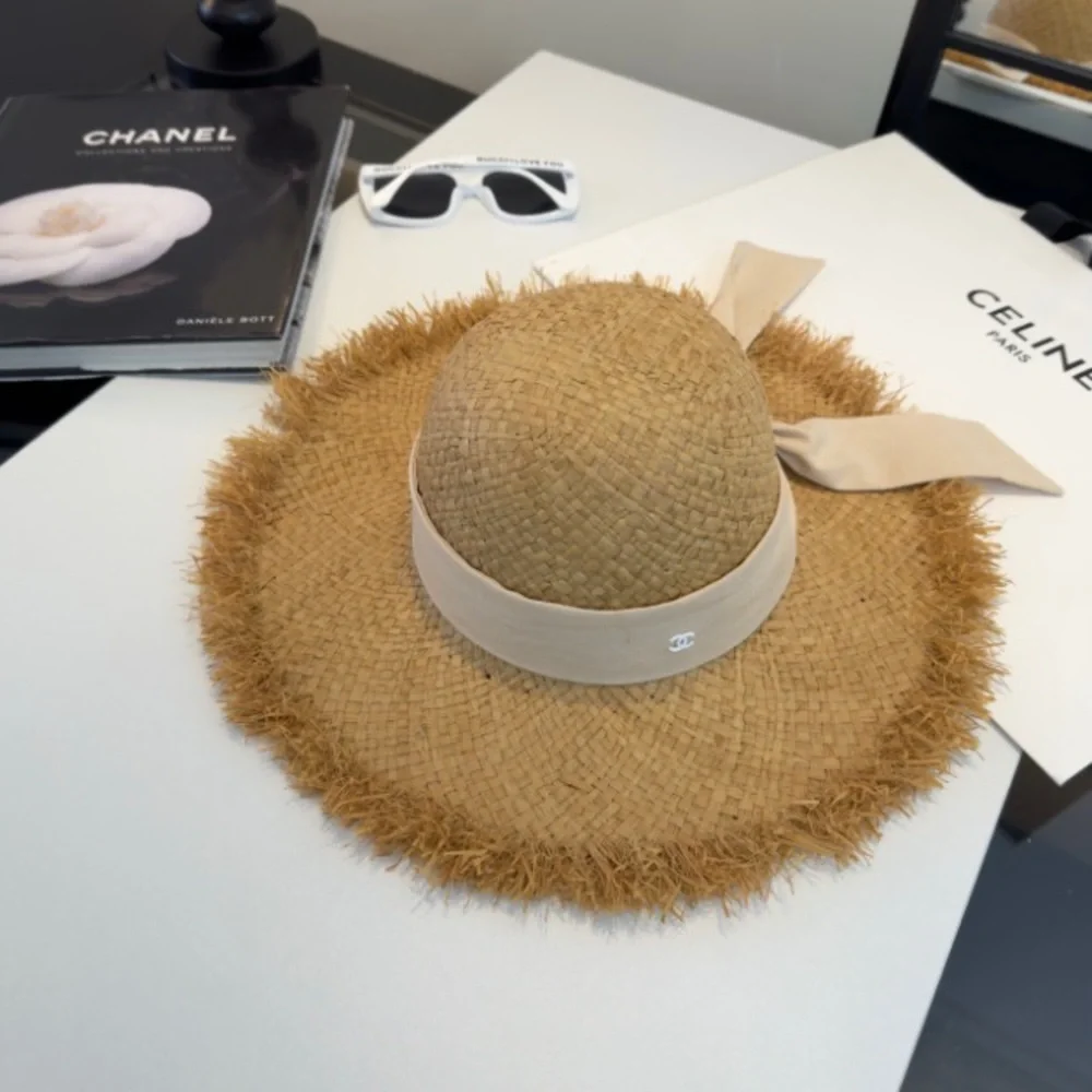 Chanel Natural Straw Wide-Brim Sun Hat with Beige Ribbon - Picture 3 of 7